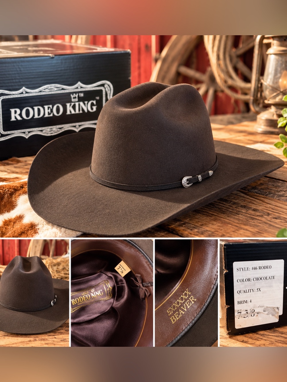 Rodeo King 5X Beaver Felt Cowboy Hat Chocolate 7 3/8 Style #46 Rodeo USA NEW BOX - Picture 12 of 12